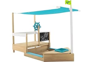 TP Toys Ahoy Holz-Spielboot | Sandkasten | 2 Spielmodi | Für Kinder ab 2 Jahren | Garten- und Outdoor-Holzspielzeug | mit Schattenabdeckung | Versteckte Spielzeugaufbewahrung