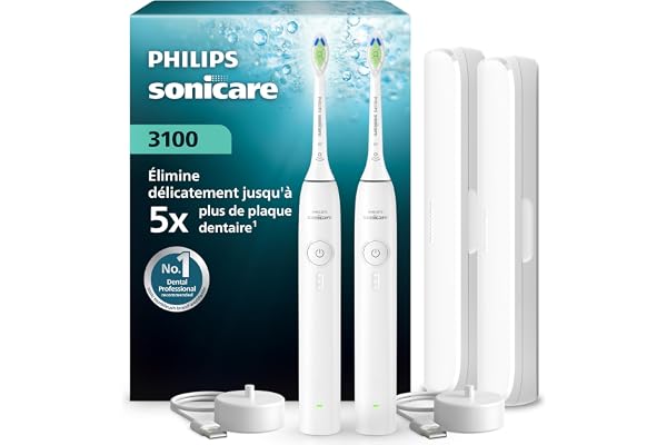 Brosse à dents électrique Philips Sonicare série 3100 – capteur de pression, 3 intensités, EasyStart, SmarTimer, autonomie 14 j, étui de voyage, pack de 2, coloris blanc, HX4072/41, [Nouveau]
