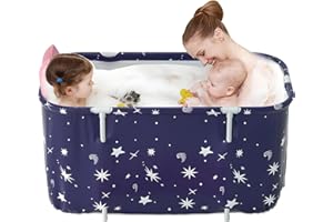 Warmiehomy Portable Foldable Bathtub for Adults,120X50X55cm Freestanding Soaking Bathtub with Cushion and Backrest,Hot Bath Ice Bath SPA Tub for Shower,Folding Bathtub for Adults Kids,Starry Blue