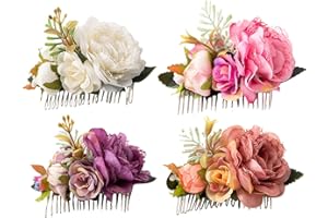 Cinaci 4 Pack Metal Hair Side Combs Slides with Artificial Rose Flower Floral Wedding Bridal Clips Headpieces Hairpins Barrettes Bun Chignon Hair Accessories for Women Flower Girls Brides Bridesmaids