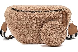 ER.Roulour Umhängetasche Bauchtasche Damen Plüsch Gürteltasche Hüfttasche mit Breiter Gurt und Münze Crossbody Bag (Champagner)