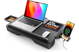 SAIJI taca na laptopa, stolik na laptopa, antypoślizgowa skórzana taca na kolana, duża taca na kolana 54 x 33 cm, z szufladą, miękka podpórka pod nadgarstek, uchwyt na telefon, wygodna poduszka,