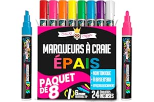 Chalky Crown - Stylo Craie Multicolore (Lot de 8) - Marqueurs à Effaçage à Sec Pour Tableaux Noirs, Enseignes, Fenêtres, Verre - 6 mm