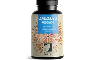 ‎NATUREWELL Omega-3 Vegan 120 Kapseln hochdosiert, 2000mg Omega-3 Algenöl pro Tag mit 600mg DHA & 300mg EPA, veganes Omega aus nachhaltigem Anbau als Fischöl-Alternative, laborgeprüft mit Zertifikat, NatureWell
