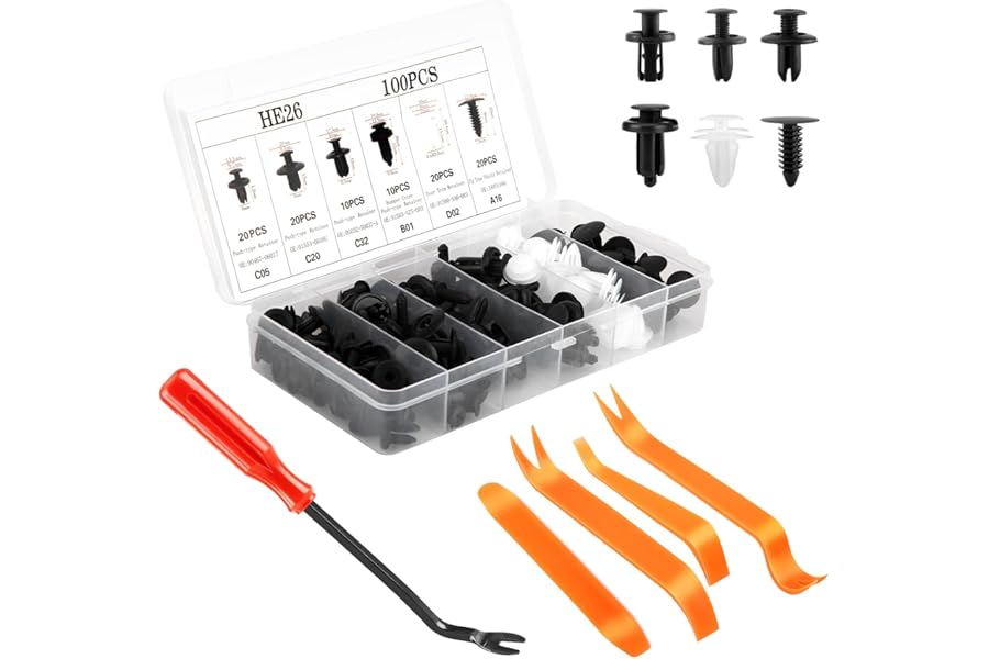 105pcs Car Body Trim Clips, 6 Sizes 100pcs Plastic Rivets/Car Retainer Clips & 5pcs Car Screws Remover Tool for Most Models