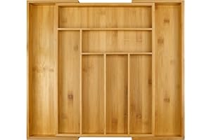 Harcas Bamboo Cutlery Tray. 6-8 Compartment Utensil Holder for Kitchen Drawer. Large Extendable Size Organiser for Knife, Forks and Cutlery. Cutlery Not Included