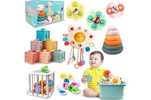 Weilim Baby Toys for 6 to 12 Months, Montessori Toys for Babies, Sensory Bins Toys for Toddlers 1-3, Pull String Teether Infants Bath Toys 6 in 1 Stacking Blocks Rings, Matching Eggs, Suction Cup Toy