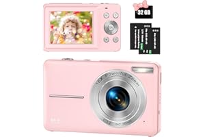 Nicamery Digital Camera 44MP 1080P HD Photo Camera with 32GB Card, Compact Camera 16X Digital Zoom with 2 Rechargeable Batteries, Camera for Children, Teenagers, Beginners, Boys, Girls (Pink)