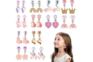 ZILZUFA Orecchini a Clip per Ragazze, 12 Paia di Orecchini a Clip per Ragazze, Orecchini in Resina Non Allergici, Accessori per Gioielli da Principessa per Ragazze, Unicorno, Arcobaleno