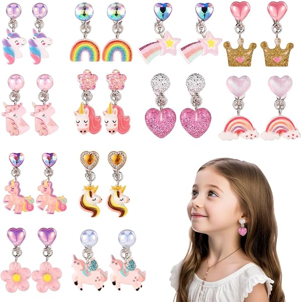 TOZBLEU Ohrclips Für Mädchen – 8 Paar Süße Clip-Ohrringe Ohne Ohrlöcher, Mit Einhorn, Blumen & Prinzessin-Motiven