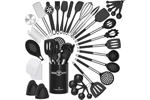 Umite Chef - Juego de utensilios de cocina de silicona, 43 piezas, resistentes al calor, juego de herramientas de cocina negras con asas de acero inoxidable para utensilios de cocina antiadherentes
