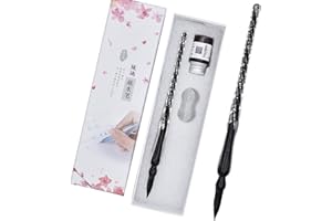 SIPLIV - Set di penne a immersione in vetro per calligrafia, penna a immersione in cristallo, per arte, scrittura, firme, decorazione per ufficio, colore: nero e argento, 1 flacone di inchiostro