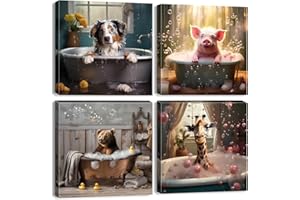 AIYISU Funny Bathroom Wall Art for Nursery Decor Wildlife Animals Painting Cute Dog Pig Bears Giraffes in Bathtub Canvas Prints Bathing Animal Abstract Artwork for Baby Bedroom Decorations 30x30cm 4Pcs