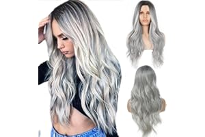 BIZZICO KAYEF 1 Pieza 70cm Peluca Gris Larga de Mujer, Peluca Gris Larga, Peluca Gris Larga, Peluca Gris de Juego de Rol Apta para Diario, Fiesta, Reuniones