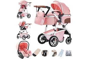Gcarebb 3 in 1 Prams Travel System, Pushchair with Height Adjustable Handle, Travel Pram with Mosquito Net, Baby Stroller with Aluminum Frame for Newborn 0-4 Years
