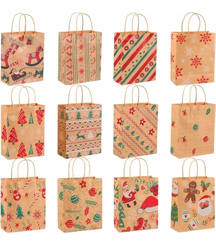 Set Di 12 Sacchetti Regalo Natale Medi – Carta Di Qualità Con Maniglie, 25,5x21x10 Cm, Con Motivi Festivi