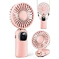 Portable Handheld 4000mAh Battery Operated Fan with LED Display, 3 in 1 Personal Small Fan for Neck/Desk, 90° Foldable with Base, 5 Speed Lash Makeup Fan Pink