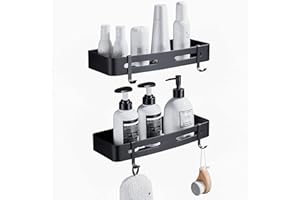 GERUIKE Estanteria Baño Sin Taladro Cesta Ducha - Adhesivo Estanteria Ducha Sin Taladro - Organizador Baño Estante Ducha Sin Taladro, Aluminio, Pared, 2 Piezas Estantería Baño Negro Mate