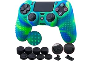 9CDeer 1 Pieza de Siliconas Tachonado Protector Manga Caso Cubierta Piel Cover Skin + 8 Puños de Pulgar Tapas Analógicas Thumb Grip + 2 a Prueba de Polvo Tapones para Mando PS4/Slim/Pro, Azul Verde