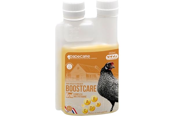Boostcare Multivitamines 6 en 1 250 ML Oiseaux | Vitamines A-E-D-C-B | Nourriture complémentaire pour Abreuvoir Poules, Poulets, Pigeons, perroquets et perruches avec doseur