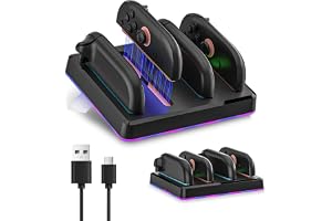 Switch 2 Controller Charging Dock, 4-Port Magnetic Charger Station, Black | Magnetic Switch 2 controller charger with LED status lights, overcharge protection, wall-mount kit and 17-degree kickstand
