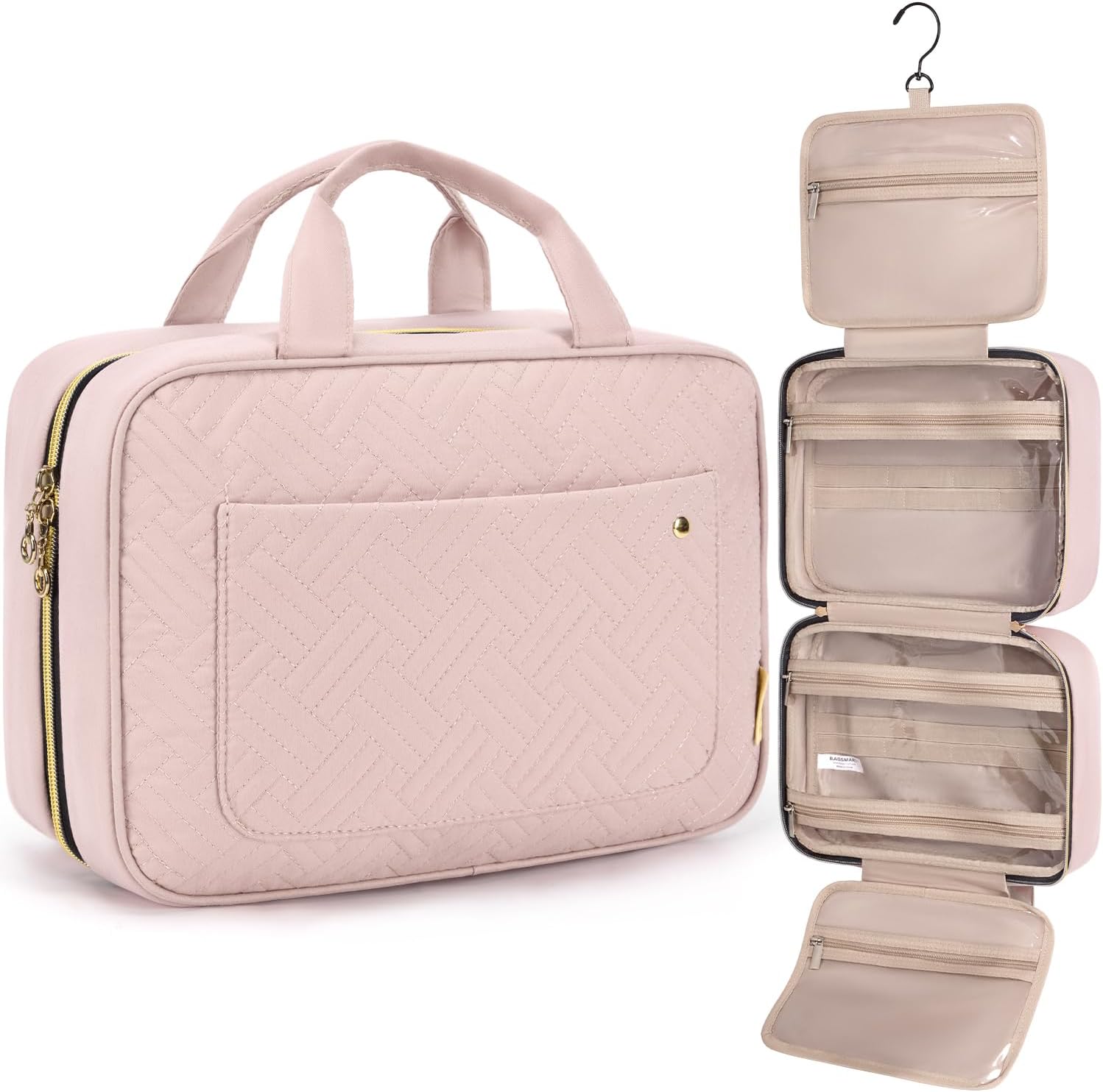 BAGSMART Hanging Toiletry Bag Travel Large Capacity Wash Bag Womens Makeup Cosmetic Bag, Travel Accessories for Full Sized Container (Medium-Pink)