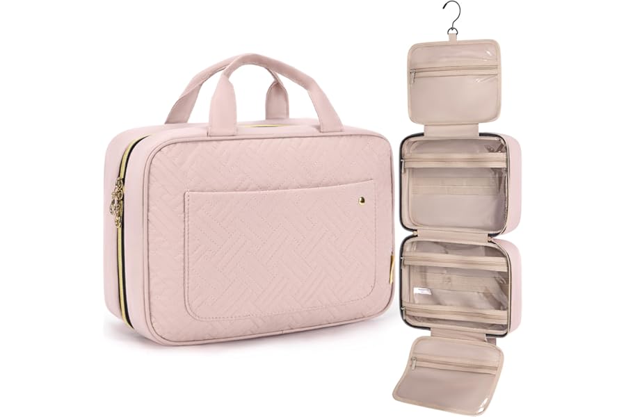 BAGSMART Hanging Toiletry Bag Travel Large Capacity Wash Bag Womens Makeup Cosmetic Bag, Travel Accessories for Full Sized Container (Medium-Pink)