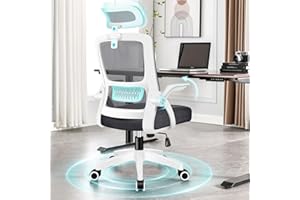 ALFORDSON Silla de Escritorio de Oficina Ergonómica, Silla de Computadora con Soporte Lumbar Dinámico, Silla Giratoria Inclinable con Reposabrazos Plegable, Blanco