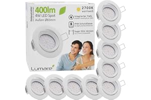 ‎LUMARE Lumare 9x LED-Einbaustrahler 4W 400 Lumen IP44 nur 27mm Extra Flache Einbautiefe LED-Lichtmodul austauschbarer Deckenstrahler AC 230V 120° Deckenleuchte Warmweiß Matt Bad