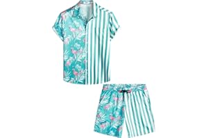 VATPAVE Herren Flamingo Hawaii 2 Teiliges Sets Kurzarm Freizeithemden Strand Outfits