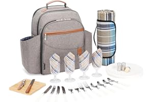 HappyPicnic Isolierter Picknick-Rucksack für 4 Personen mit komplettem Geschirr-Set, geräumiges Kühlfach, Flaschenhalter und großer wasserdichter Picknickdecke (gebürstetes Khaki) MEHRWEG