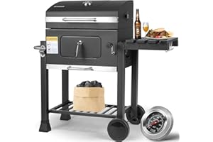 TLSUNNY Barbecue au charbon de bois noir, taille XL, grand barbecue au charbon de bois avec couvercle, grille, roues et thermomètre, poignée en acier inoxydable, barbecue fumeur, 116,3 x 106 x 56 cm, barbecue