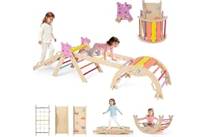 GOPLUS 9-i-1 klätterställning inomhus, klättertriangel i trä, 4-pack klätterspेलleksaker med klättringsnät, klätterbåge, gunga & stege, inkl. dubbelsidig ramp & byggstensset, klättertriangel för barn