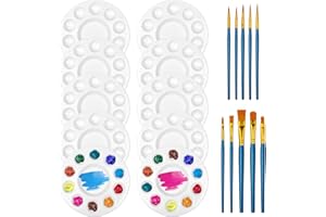 Bofanze 10 Pièce Palette de Peinture en Plastique d'art avec 10 Pièce Pinceau de Peinture, Palette de Peinture Ronde pour Enfant, Palette de Mélange pour Aquarelle, Gouache, Acrylique