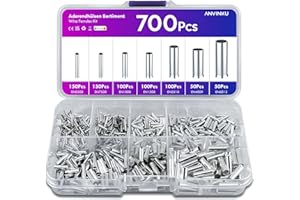 ANVINKU 700 Stück Aderendhülsen Set, 7 Arten Unisoliert Aderendhülsen Sortiment, 10-22 AWG Unisolierte Aderendhülsens Set für DIY elektrische Projekt (0,5/0,75/1/1,5/2,5/4,0/6,0mm²)