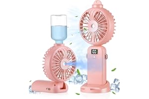 AXNSATRE Mini Ventilateur Brumisateur Portable USB - 3 in 1 Rose Petit Ventilateur Rechargeable, 4000mAh Puissant Ventilateur Main Pliant, 5 Vitesses, pour Voyage, Bureau, Camping, Table