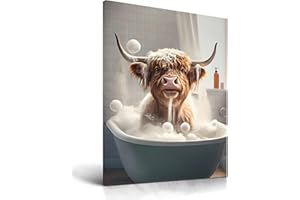 UPWOIGH Funny Bathroom Wall Art Decor,Highland Cow Wall Art, Waterproof Wood Framed Canvas Wall Art Bathing Animals Humor Abstract Prints, 12x16in High-end Pictures for Bedroom Kids Room 1 Pack
