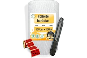MARCPRINT Rollo Burbuja Embalaje 100 cm x 100 m con Cutter y Pegatinas de Fragil – Papel Burbuja para Mudanzas y Envíos – Plástico de Burbujas Protector Antigolpes – Embalaje Profesional Reutilizable
