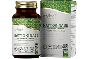 ‎EZYLEAF NUTRITION Ezyleaf Nattokinase 100mg 2000FU | 120 Vegane Kapseln | Natto Fermentierte Sojabohnen | Ohne künstliche Inhaltsstoffe | ISO-Zertifiziert, Vegan, Milchfrei-, Gluten- & Gentechnikfrei | Aus GB