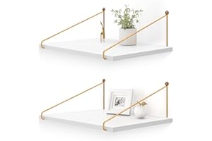 Afuly Mensole da Muro Legno Bianco Oro 42x30 cm Metallo Moderne Design Cameretta Bagno Cucina Home Decor, Set di 2