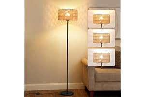 QINGMIAO Floor Lamps for Living Room Rattan Boho Floor Lamp with 3 Color Temperature Black Standing Lamp with Rattan & Fabric Shades Tall Floor Lamp for Bedroom