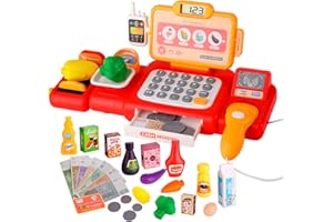 CEMIRK Cash Register for Kids – Toy Till with Scanner, Play Money & Food Accessories, Kids Till for Pretend Play & Learning, for 3+ Year Old Boys & Girls