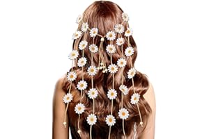 Kunyeah Diadema de flores para niña, diadema con borlas de margaritas, diadema bohemia para el pelo, bandana floral, accesorios para el cabello para mujer (blanco)