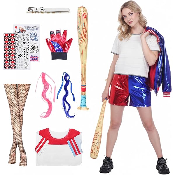 Costume Harley Quin Pour Femme, Suicid Harley Queen, Costume Pour Enfants Et Adultes, Costume De Joker Harle Quinn Avec Gants, Veste, T-shirt, Pantalon, Batte De Baseball Pour Halloween, Carnaval