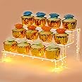 U-HOOME Display Shelf Cake Stand, 3 Tier Acrylic Display Riser, Clear Pastry Cupcake Display Dessert Stand with Light, Pastry Serving Platter for Party, Wedding, Birthday(Clear（Yellow Light）)