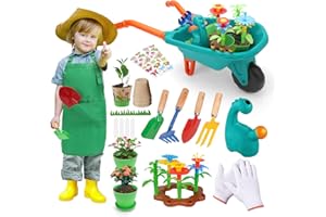 deAO Juego de Jardinería para Niño, Set Herramientas de Jardinería con Carretilla de Jardín, Delantal, Pulverizador, Guantes y Palas, Juguetes de Arena y Herramientas de Juego para el Jardín