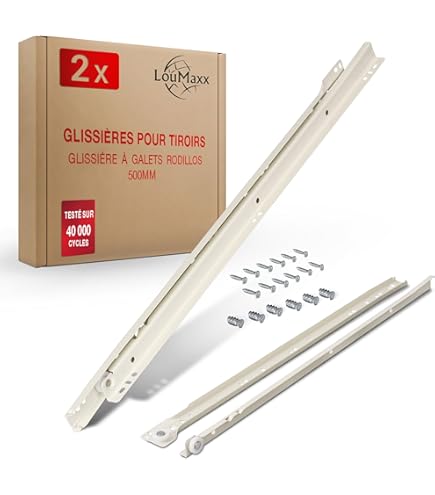 Euro Tische 1 Paire De Glissières Coulissantes à Roulettes, 35 Cm, Glissières De Tiroir, Laquées En Blanc, Sortie Partielle, En Acier, Charge Maximale : 20 Kg, Silencieux, Pour Meubles De Cuisine, De