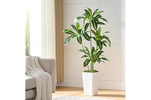 FSOHOI Artificial Plants Dracaena Indoor 5FT Fake Tree with White Tall Planter, Tall Fake Floor Plant in Pot, Artificial Silk Plant for Home Decor Office Living Room Porch Patio Housewarming(4 Trunks 150CM)