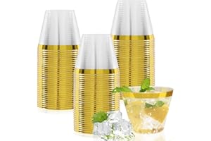 mauepersu Lot De 50 Gobelets En Avec Bord Dorée, 250 ml, Réutilisables, élégants, Verres à vin, Pour Champagne, Bière, Cocktail, Martini, Soda, Dessert (8.7 x 7cm) (Or)