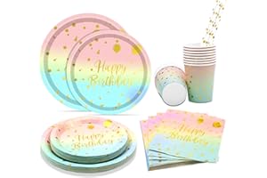 Feelhap Vaisselle Anniversaire de fête, 125pcs Vaisselle Fête,25 Invités Pastel Arc en Ciel Party Vaisselle avec Assiettes Gobelets Pailles Papier et Serviettes (Vaisselle Jetable Anniversaire)